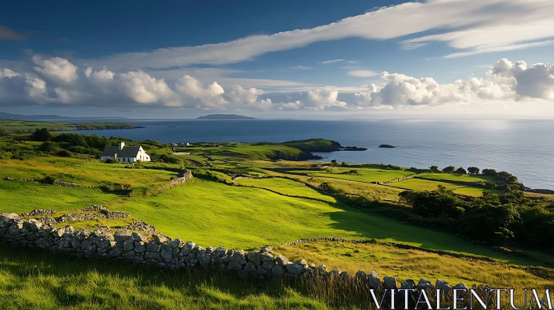 Ireland Coastal Landscape with White Cottage AI Image