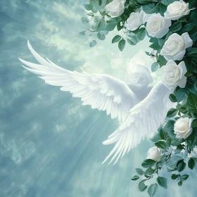 Ethereal Angel Wings Among White Roses