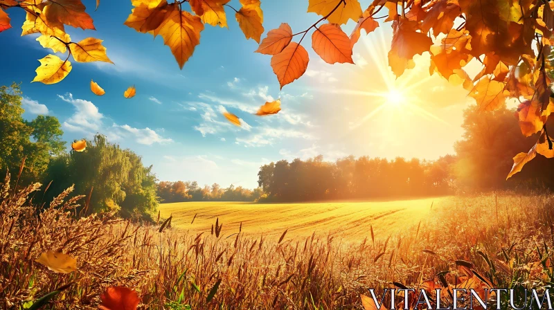 Autumnal Field with Falling Leaves AI Image