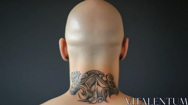 Black Ink Neck Tattoo on Bald Individual AI Image