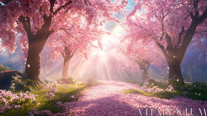 AI ART Peaceful Blossom-Covered Path under Sunlight