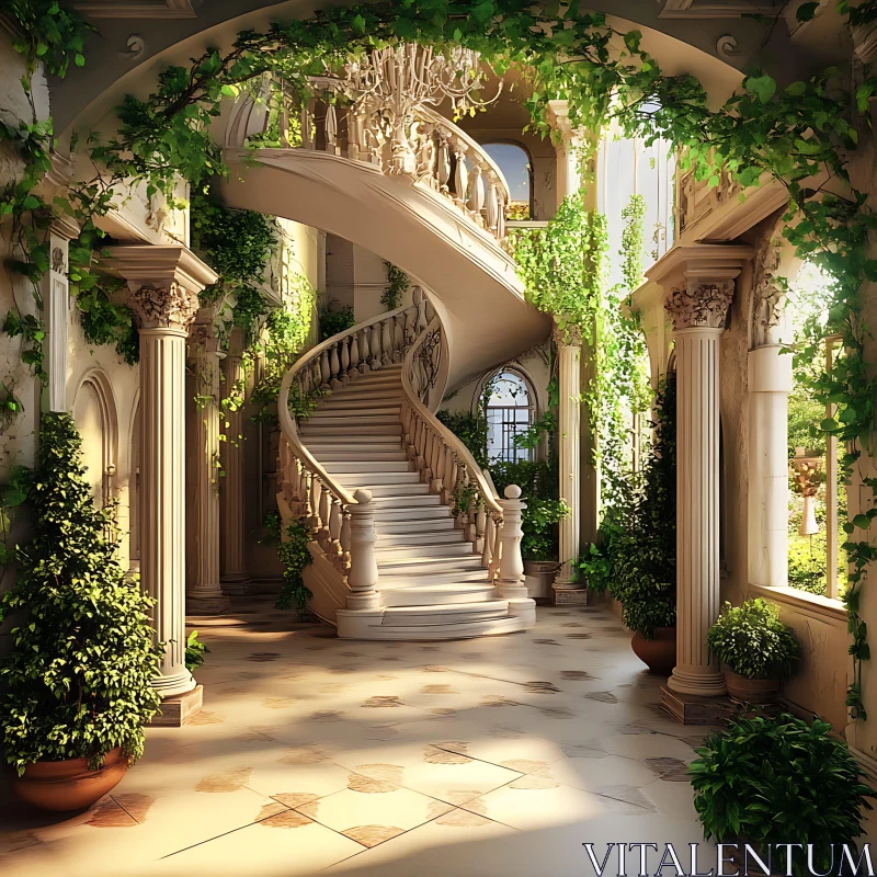 AI ART Grand Interior with Winding Stairs and Ivy