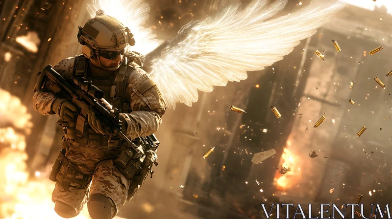 Angel Soldier Amidst Flying Bullets AI Image