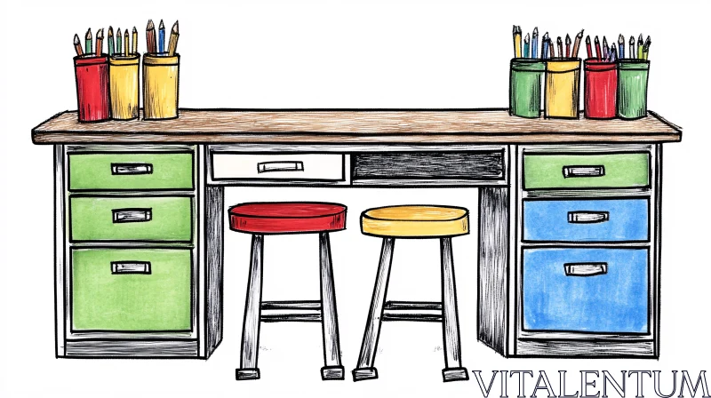 AI ART Playful Art Desk Illustration with Colorful Elements