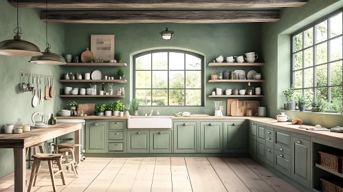 Rustic Green Kitchen with Natural Light