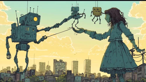 Whimsical Robot Encounter at Sunset