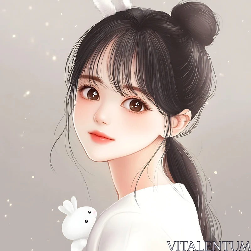 Cute Anime Style Girl with Bunny AI Image