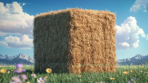 Golden Hay Bale in Meadow