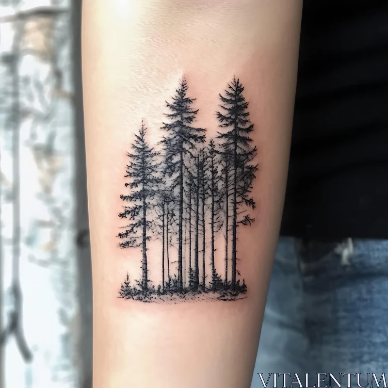 Elegant Black Ink Forest Trees Tattoo on Forearm AI Image