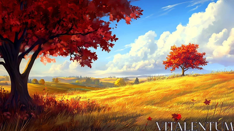 AI ART Golden Field and Red Trees Scenery