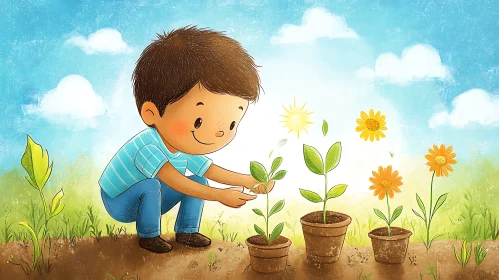 Child Gardening with Flowers Illustration