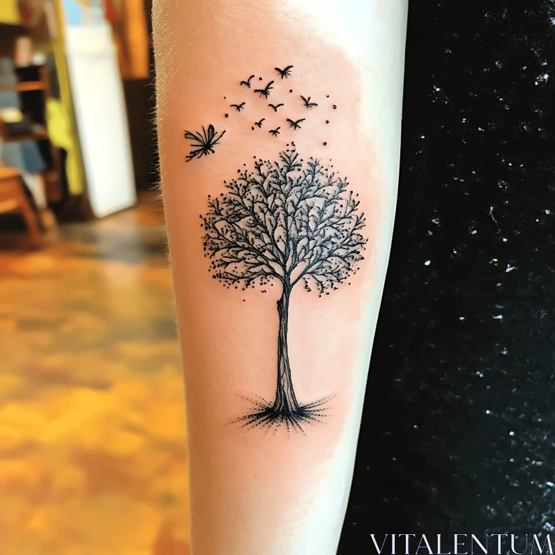 Elegant Tree and Bird Tattoo AI Image