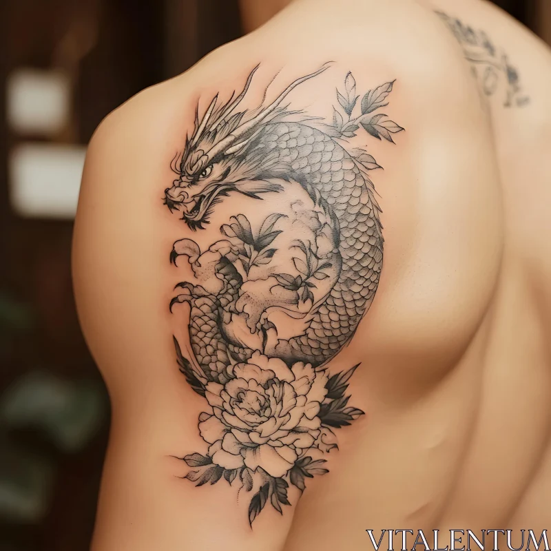 Black and Grey Dragon and Flower Tattoo AI Image