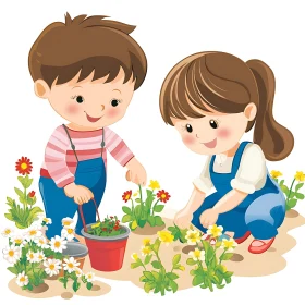 Kids Planting Flowers Cartoon Image