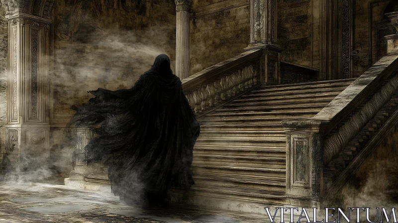 Cloaked Figure on Grand Staircase AI Image