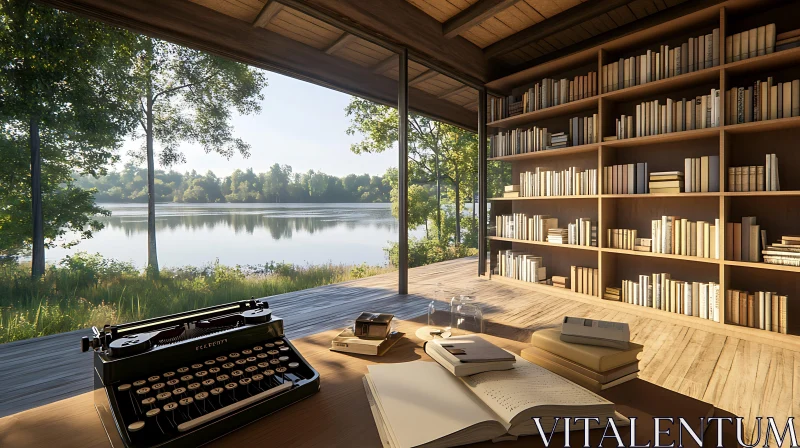 AI ART Serene Lakeside Study with Bookshelf