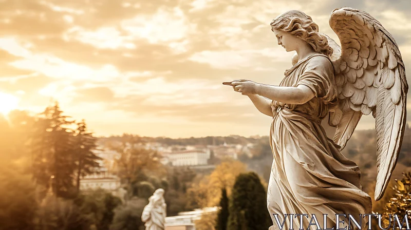 Serene Angel Sculpture Against Warm Sky AI Image