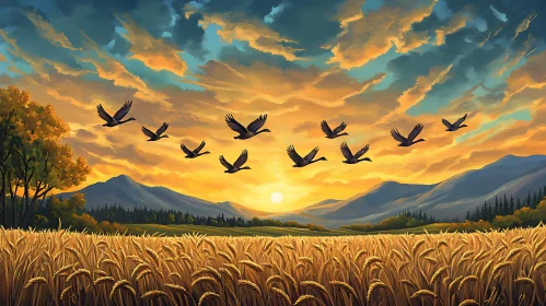 Birds Flying at Sunset over Field