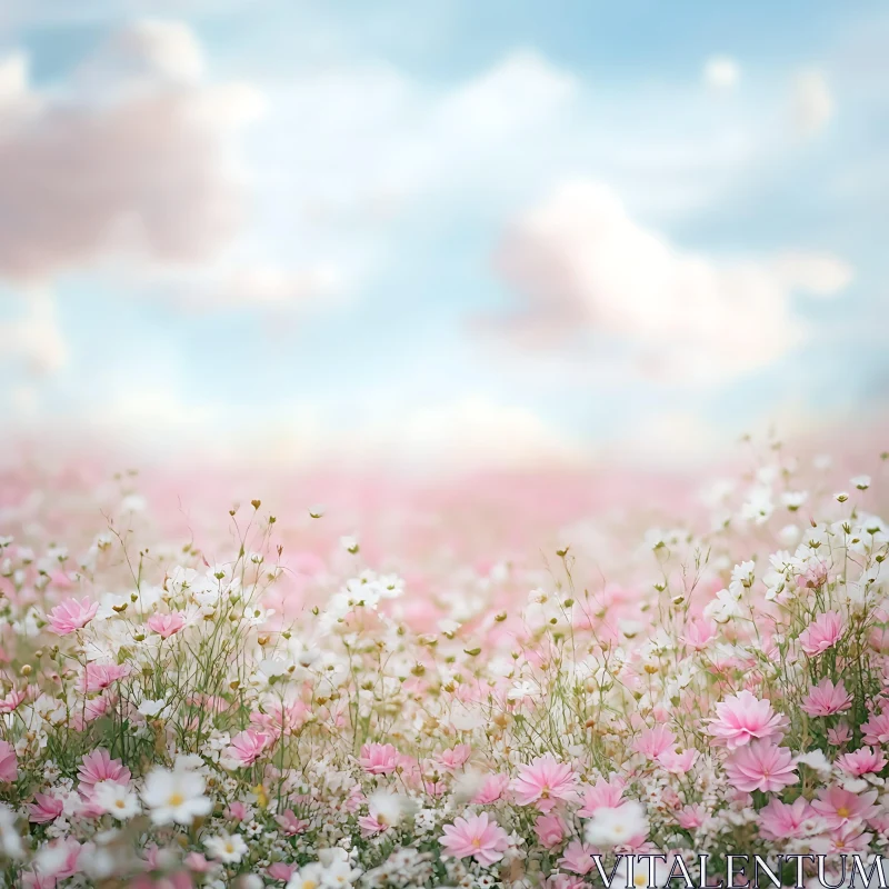 Floral Meadow Under Soft Skies AI Image