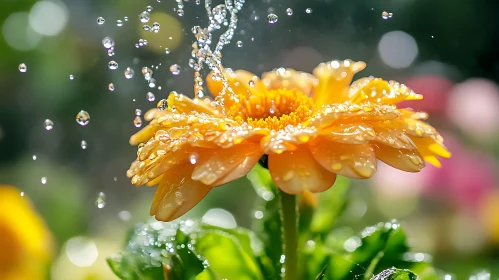 Macro Shot of Orange Flower with Sparkling Water Droplets