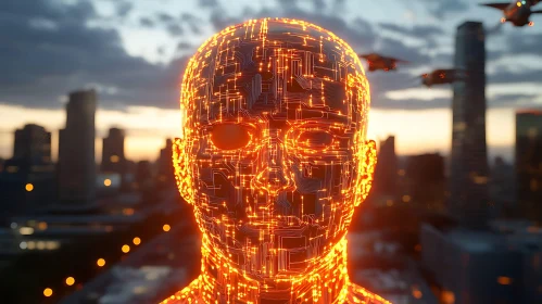 Illuminated Cyborg Head at Sunset