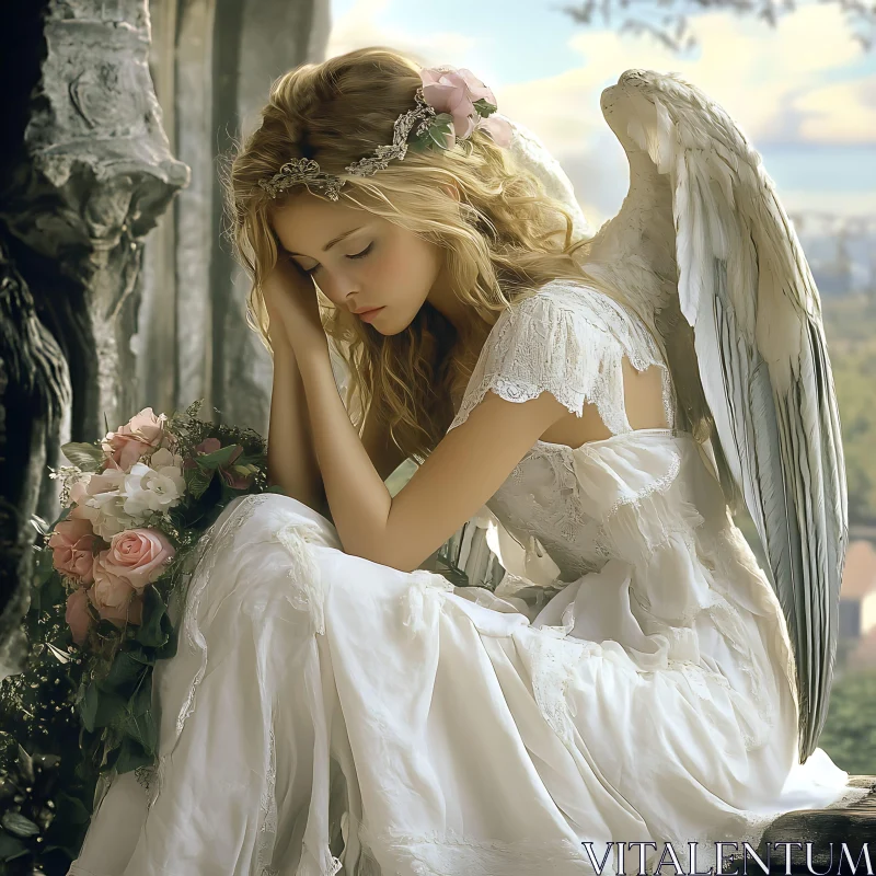 Angelic Contemplation with Roses AI Image