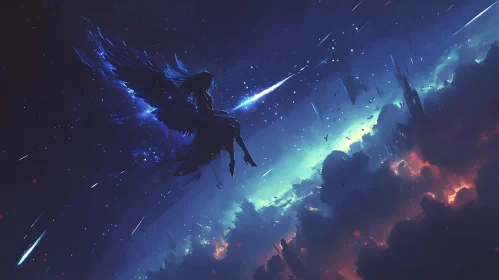 Winged Figure Amidst Cosmic Clouds