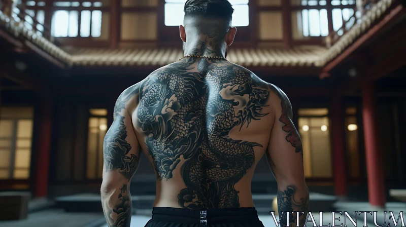 Dragon Tattoo on Man's Back in Traditional Courtyard AI Image