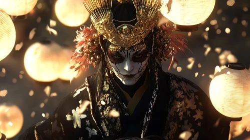 Mystical Kabuki Portrait with Golden Headdress