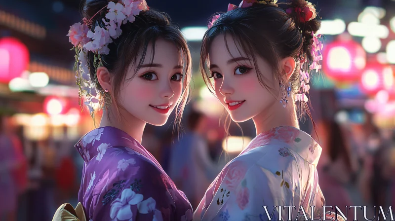 Twin Portraits: Kimono and Blossoms AI Image