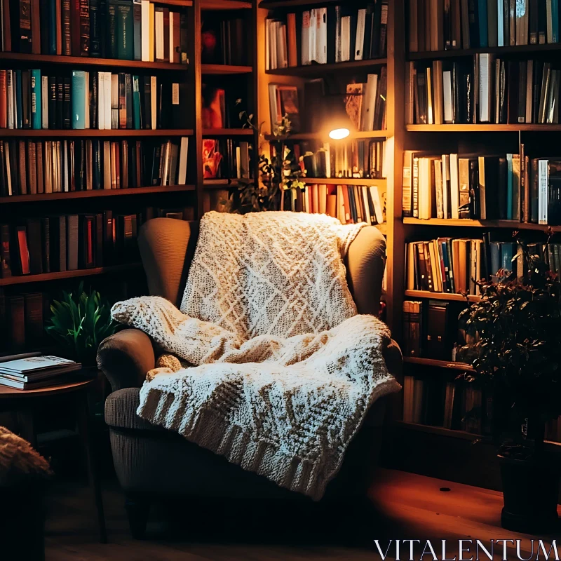 Warm Library Interior with Knitted Blanket AI Image