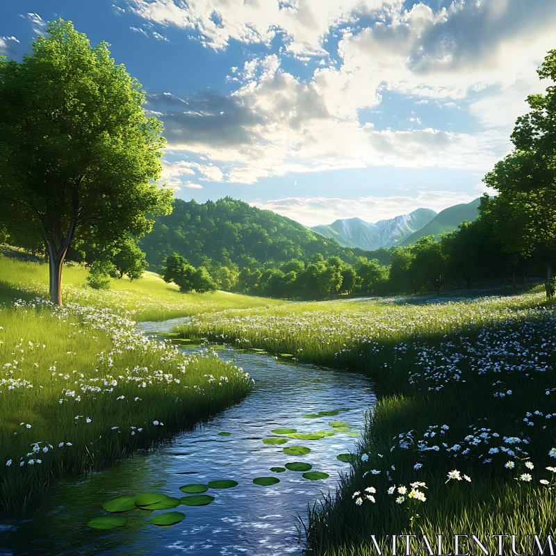 Scenic Flowing River in Green Valley AI Image