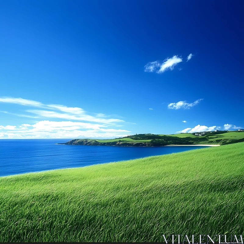 Coastal Landscape with Green Field and Sea AI Image