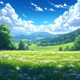 Green Field and Mountain Scenery