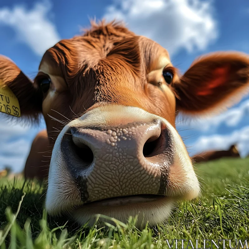 Brown Cow Portrait in Green Field AI Image