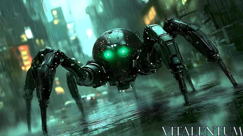 Cybernetic Arachnid in Urban Rain AI Image