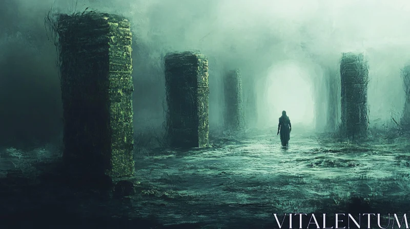 AI ART Misty Ruins with Walking Figure