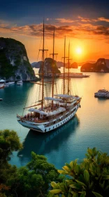 Captivating Sunset View of a Luxury Cruise Ship in Halong Bay