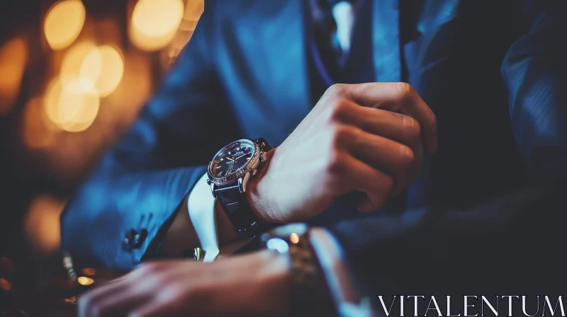 Close-Up Photo of a Man Wearing a Suit and Wristwatch at a Bar Counter AI Image