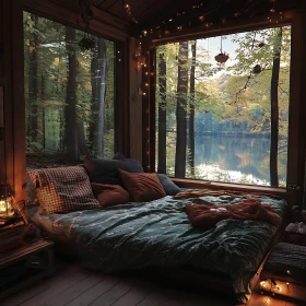 Cozy Cabin Interior with Lake View