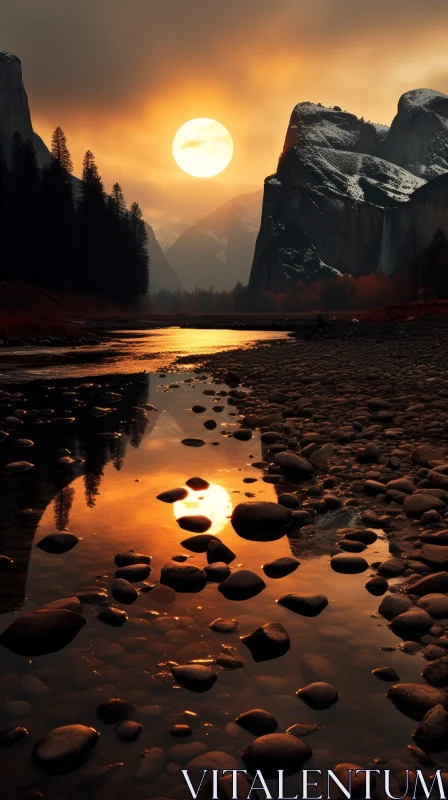 Dream-like Landscape: Rocks on the Bottom of a River at Sunset AI Image