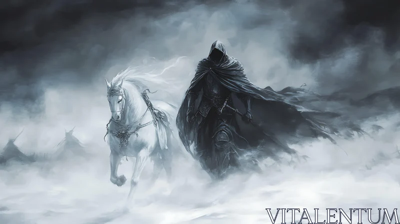 AI ART Cloaked Figure and White Horse in Fog