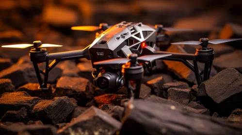 Iconic Black Drone on Rocks: A Gritty, Futuristic Scene