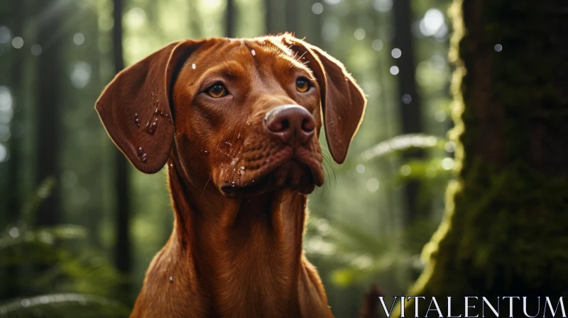 Photorealistic Portraiture of Red Dog in Forest with Water Drop Style AI Image