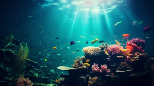 Sunlit Underwater Coral Reef: A Retro Styled Depiction