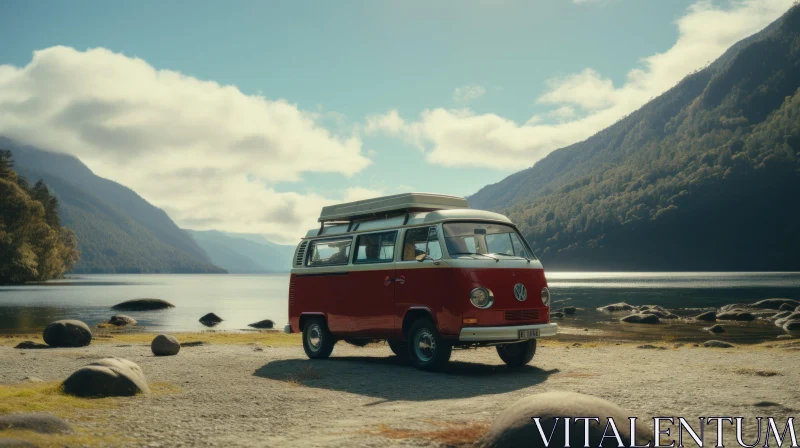 Vintage Red Volkswagen Van by the Serene Lake | Cinematic Aesthetics AI Image