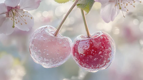 Translucent Cherries with Dew and Blossoms