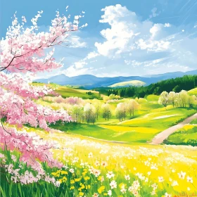 Springtime Meadow Landscape with Blossoms