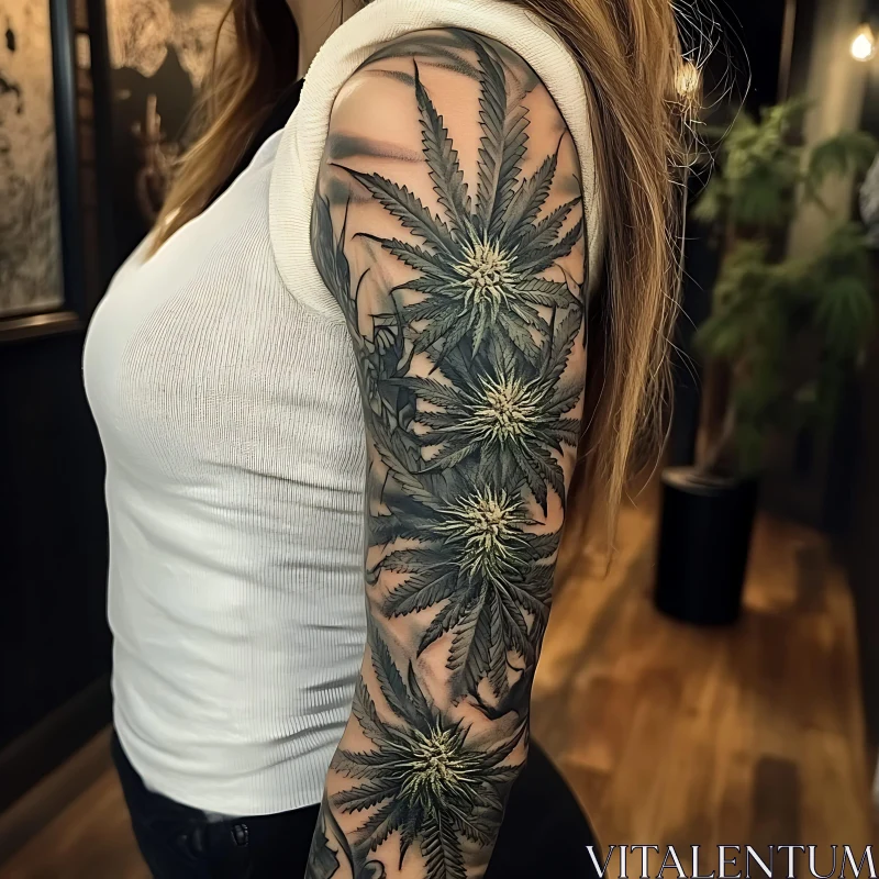 Intricate Marijuana Leaf Tattoo Sleeve AI Image