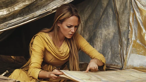 Focused Woman Studies Map in Tent